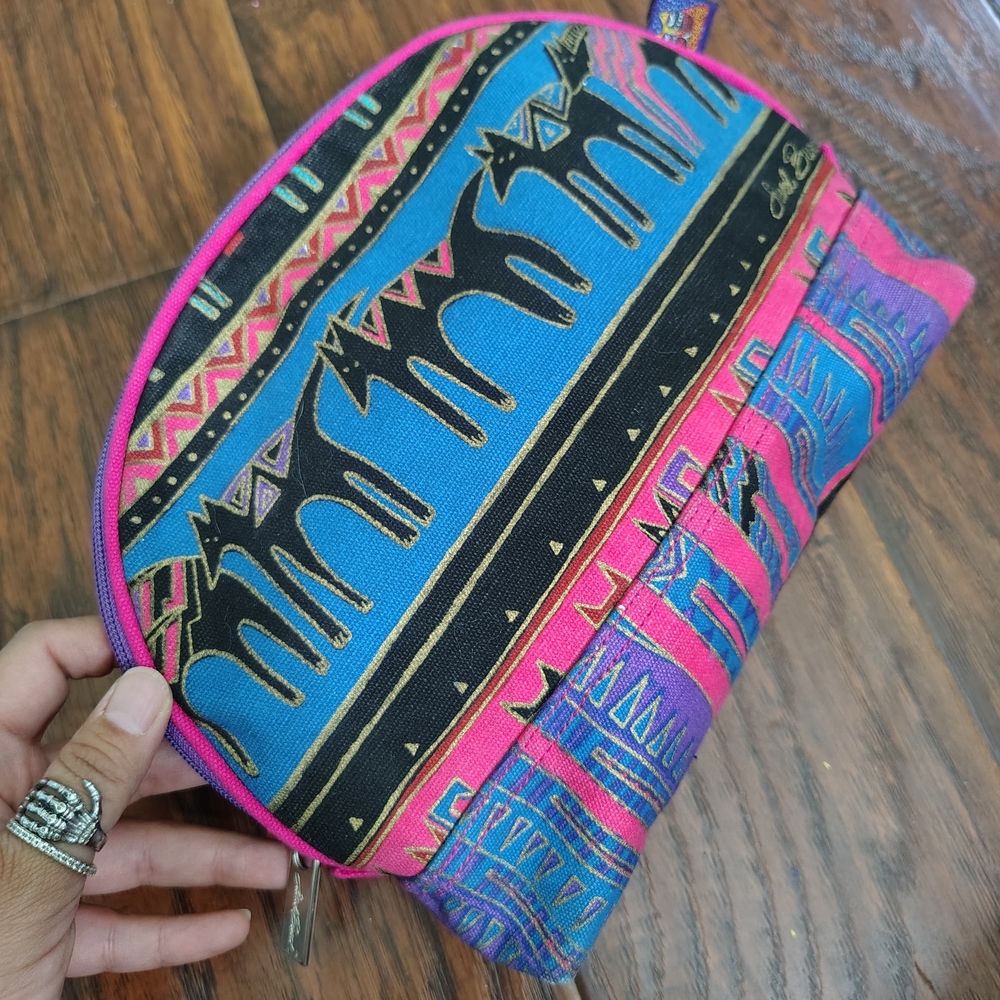 Laurel Burch Y2K Pink and Blue Cat Pattern Cosmetic Bag Glam Gift Makeup Travel